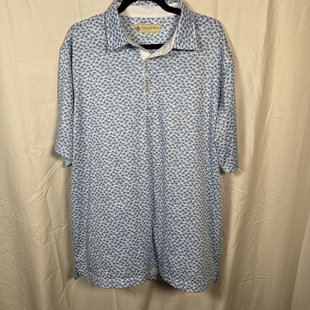Donald Ross Men's L Golf Polo Blue Palm Tree Print Performance‎ Shirt